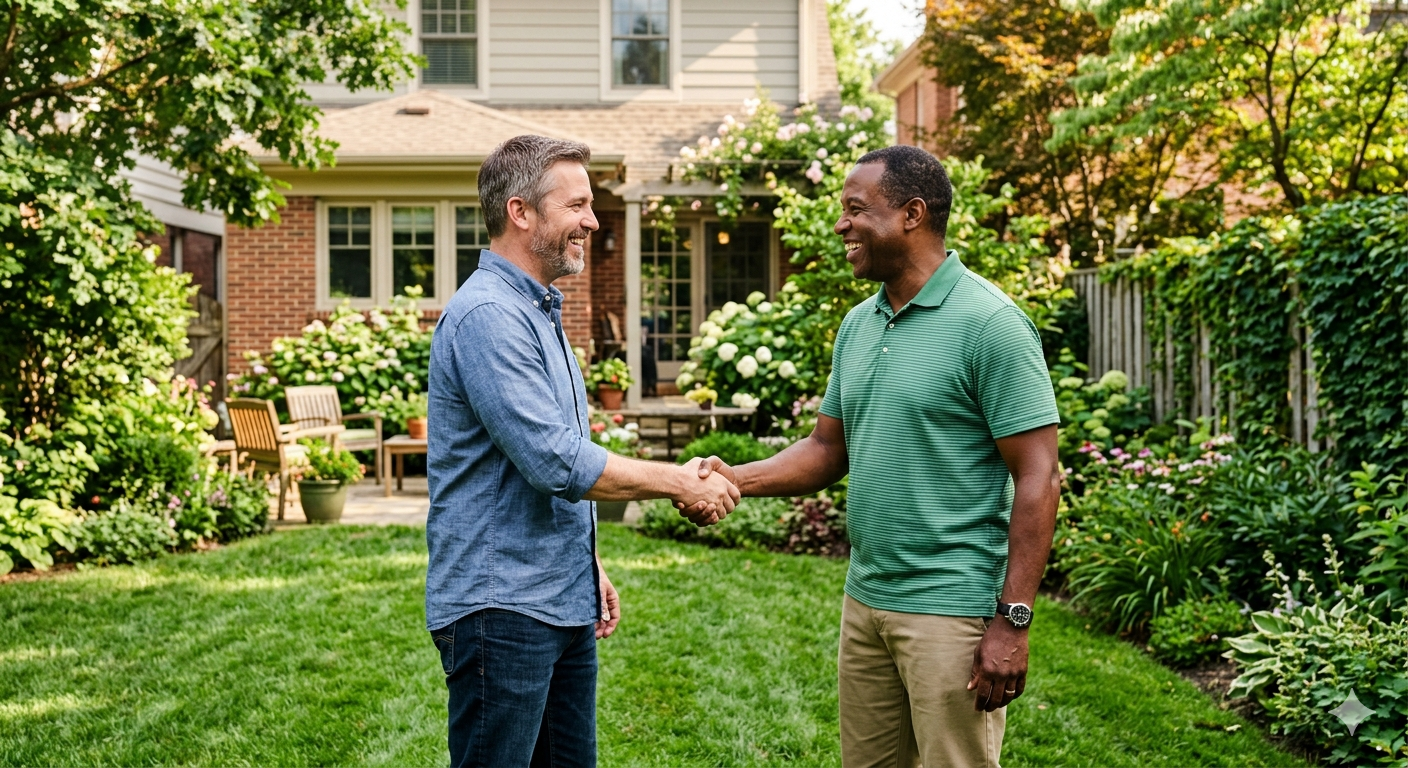 happy men shaking hands with lawn care provider after a job well done